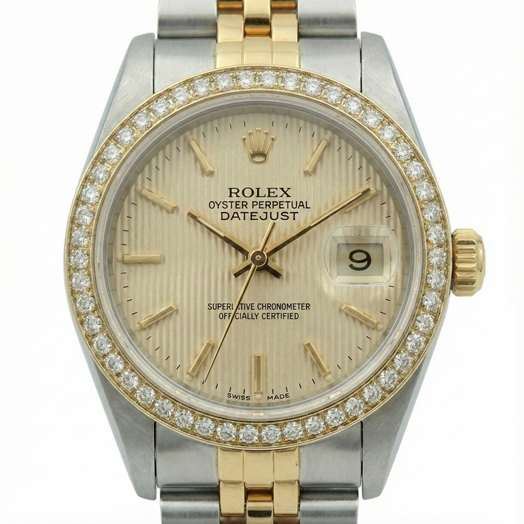 Montre Rolex Datejust pour femme avec lunette en diamant et tapisserie en acier inoxydable et or Jubilee