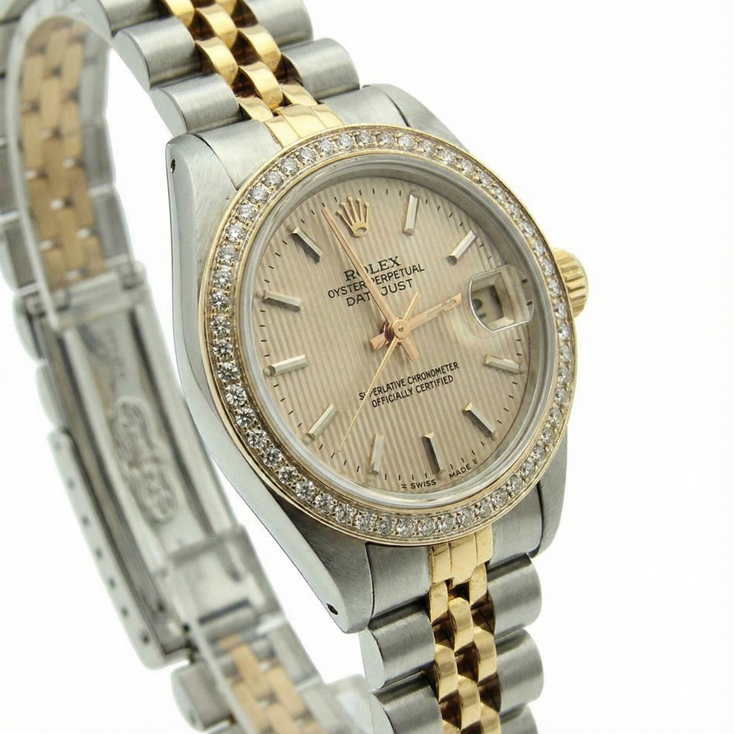 Montre Rolex Datejust pour femme avec lunette en diamant et tapisserie en acier inoxydable et or Jubilee