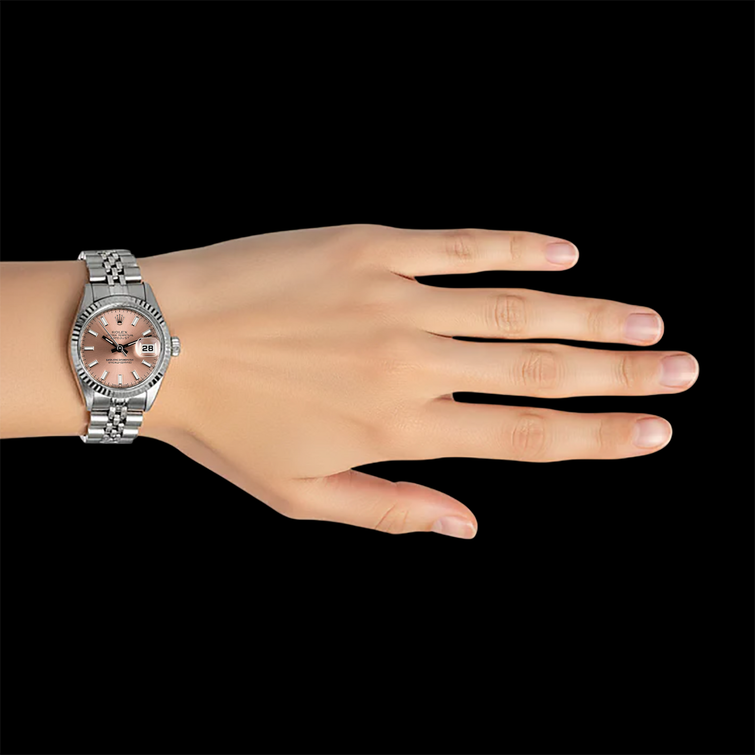 Montre Rolex Datejust pour femme, cadran saumon 26 mm, lunette cannelée, fermoir invisible Jubilee