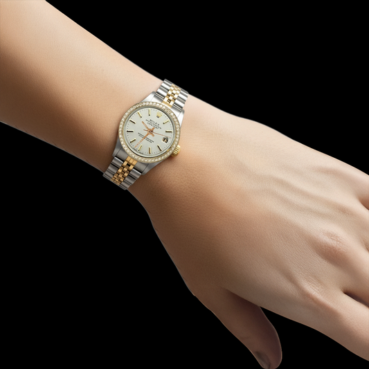 Montre Rolex Datejust pour femme en acier inoxydable et or, cadran blanc et diamant