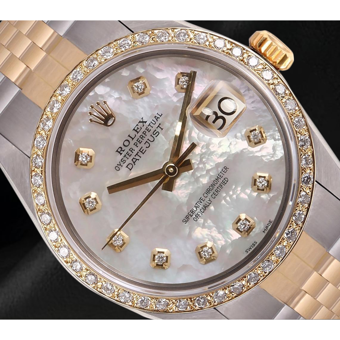 Montre Rolex Datejust pour homme avec cadran en nacre et diamants bicolores RÉGLAGE RAPIDE
