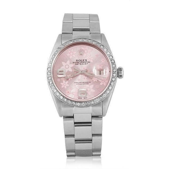 Montre Rolex Datejust pour homme en acier inoxydable avec cadran rose et lunette en diamant
