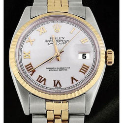 Montre Rolex Datejust pour hommes, jubilé en acier inoxydable et en or, lunette cannelée, cadran romain blanc, réglage rapide