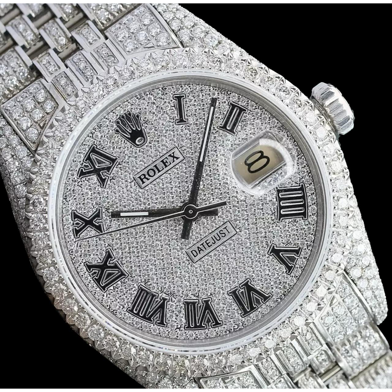 Montre Rolex Iced Out Diamond 12 carats avec cadran romain de 36 mm en acier inoxydable