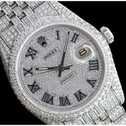 Montre Rolex Iced Out Diamond 12 carats avec cadran romain de 36 mm en acier inoxydable