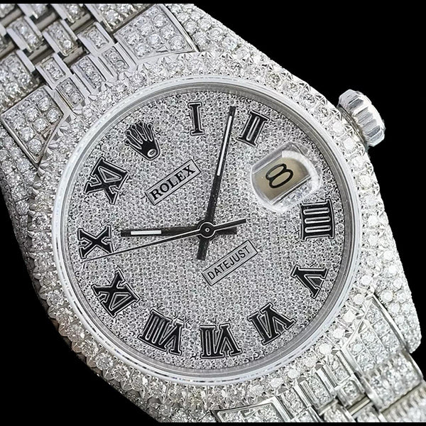 Montre Rolex Iced Out Diamond 12 carats avec cadran romain de 36 mm en acier inoxydable