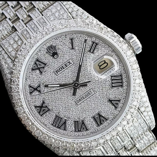 Montre Rolex Iced Out Diamond 12 carats avec cadran romain de 36 mm en acier inoxydable