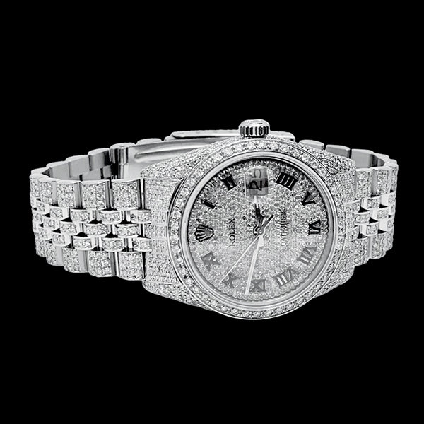 Montre Rolex Iced Out Diamond 12 carats avec cadran romain de 36 mm en acier inoxydable