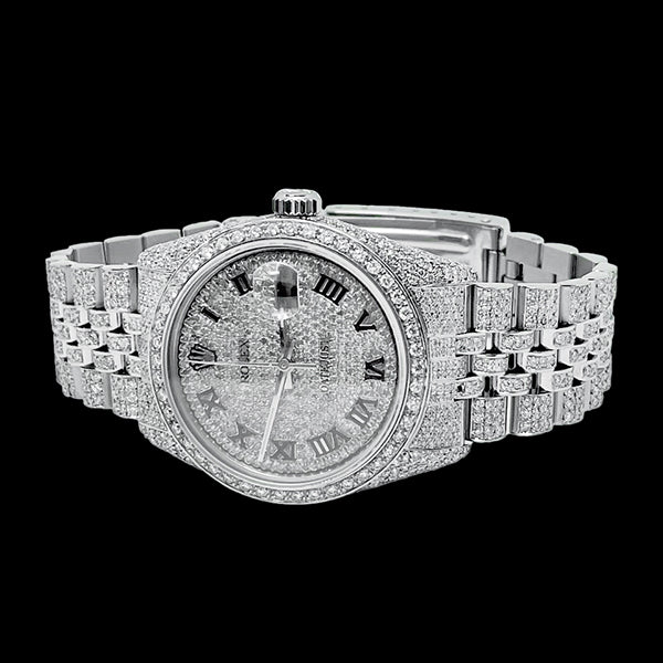 Montre Rolex Iced Out Diamond 12 carats avec cadran romain de 36 mm en acier inoxydable