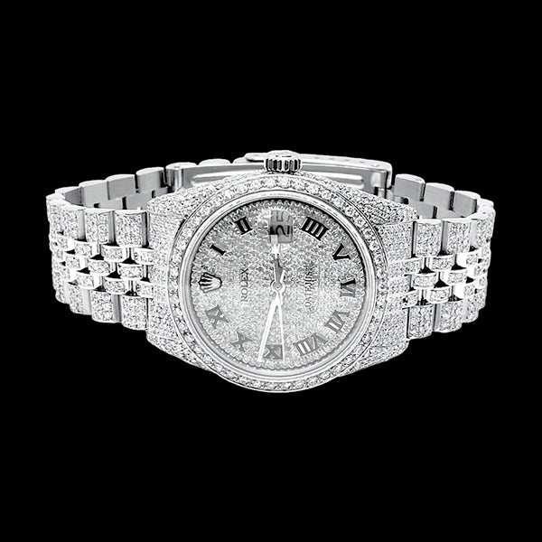 Montre Rolex Iced Out Diamond 12 carats avec cadran romain de 36 mm en acier inoxydable