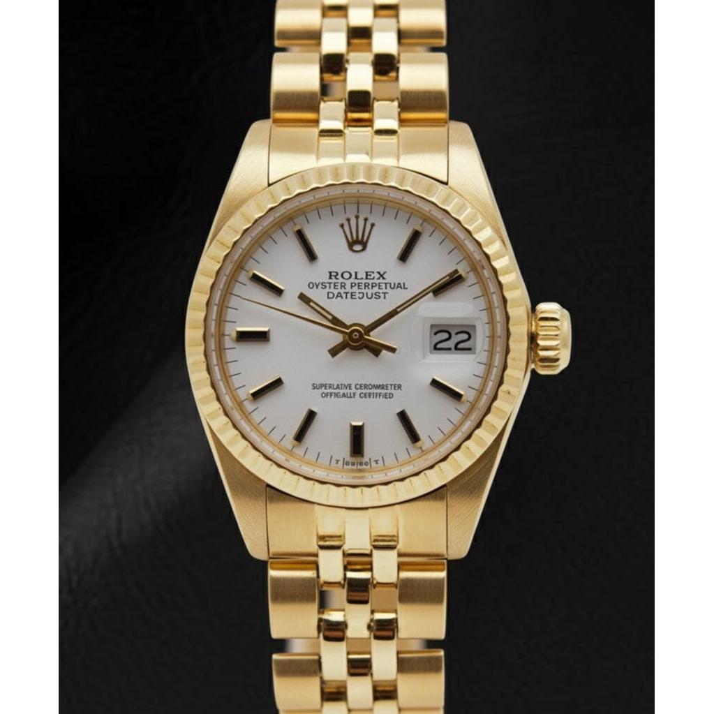 Montre Rolex Lady-Datejust avec cadran blanc et bracelet style président en or jaune