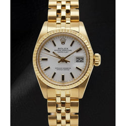 Montre Rolex Lady-Datejust avec cadran blanc et bracelet style président en or jaune