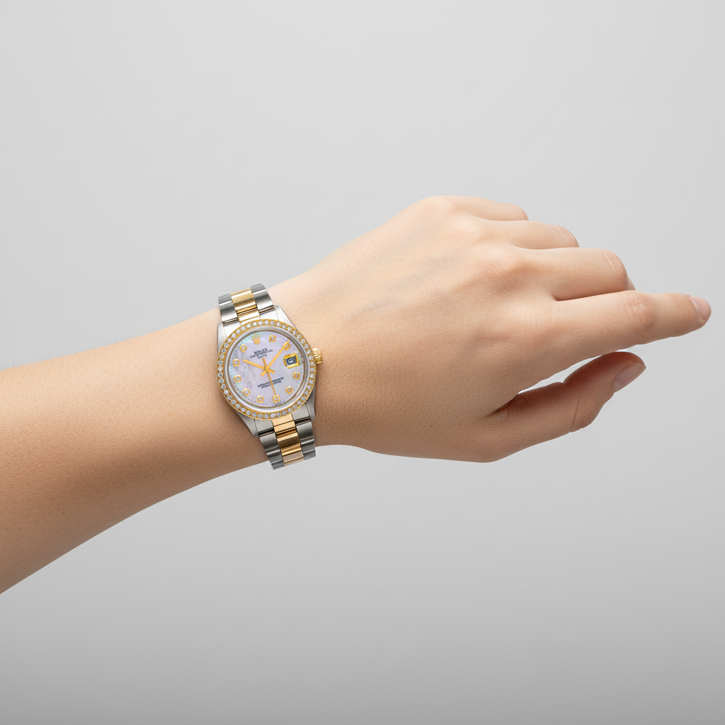 Montre Rolex Lady Datejust avec cadran en nacre blanche et diamants, bracelet Oyster bicolore de 31 mm