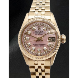 Montre Rolex Lady Datejust en or jaune avec cadran en diamant et chaîne en nacre rose