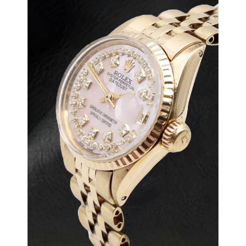 Montre Rolex Lady Datejust en or jaune avec cadran en diamant et chaîne en nacre rose