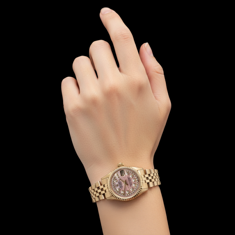 Montre Rolex Lady Datejust en or jaune avec cadran en diamant et chaîne en nacre rose P5