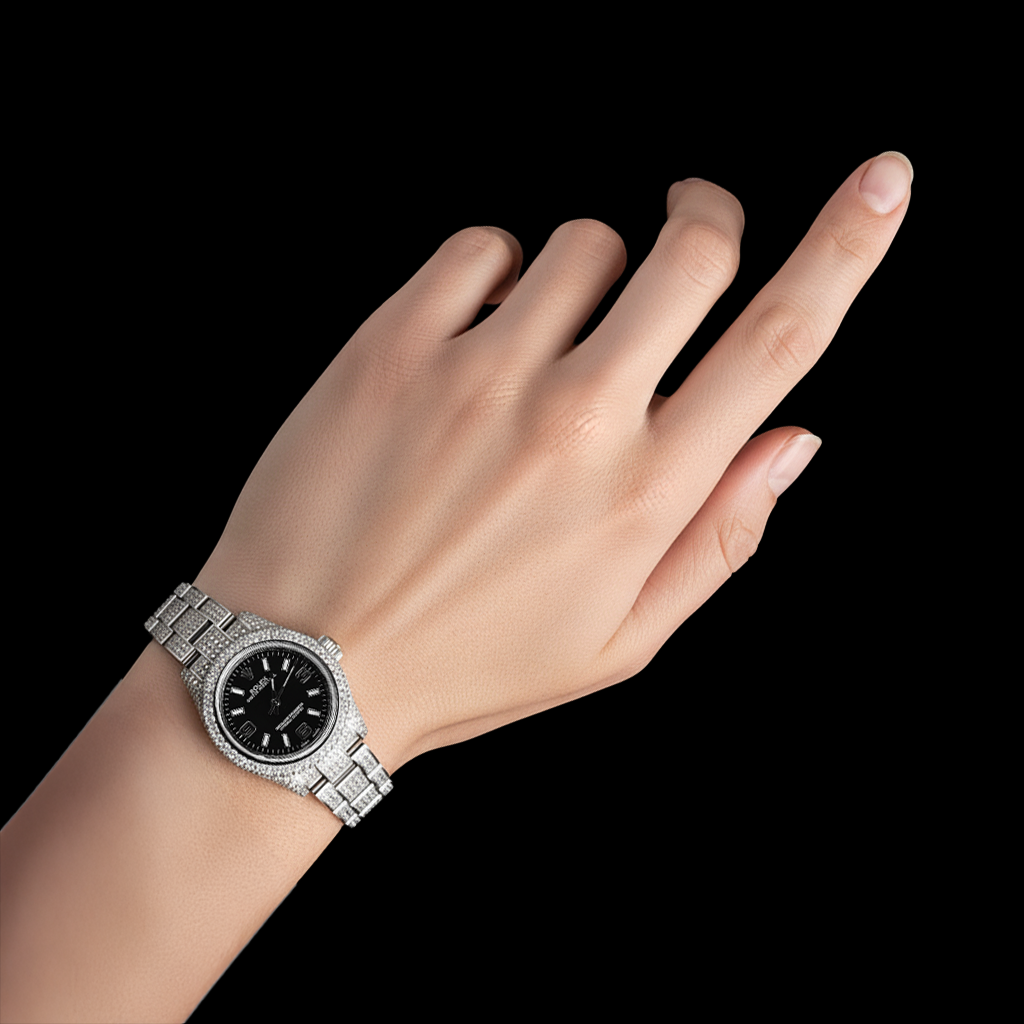 Montre Rolex Oyster Perpetual 26 mm 10 carats avec diamants véritables glacés pour femme P2