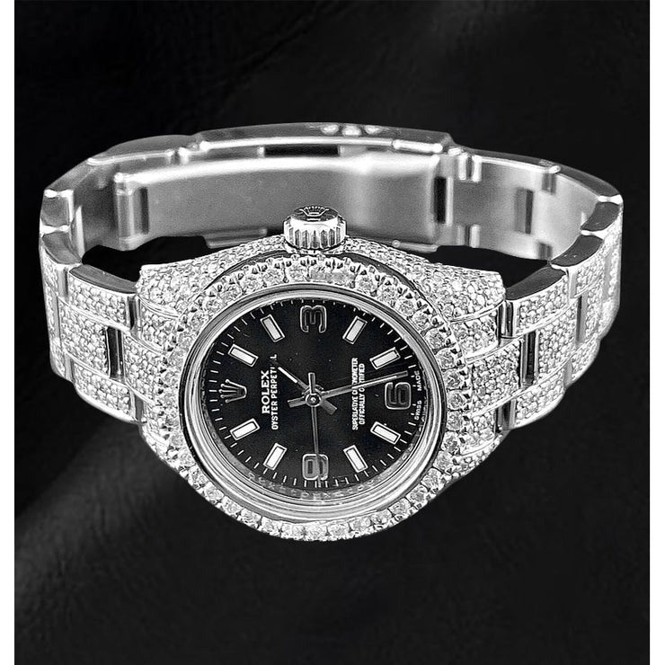 Montre Rolex Oyster Perpetual 26 mm 10 carats avec diamants véritables glacés pour femme