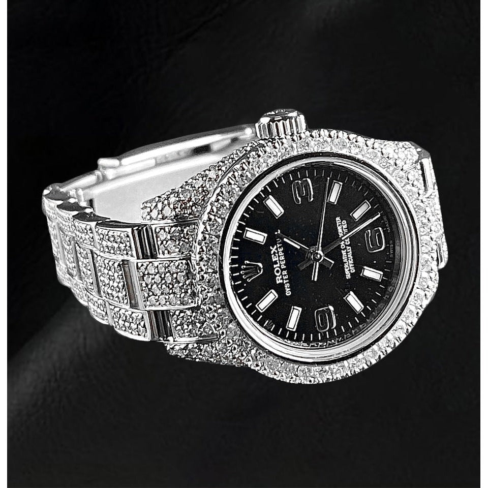 Montre Rolex Oyster Perpetual 26 mm 10 carats avec diamants véritables glacés pour femme