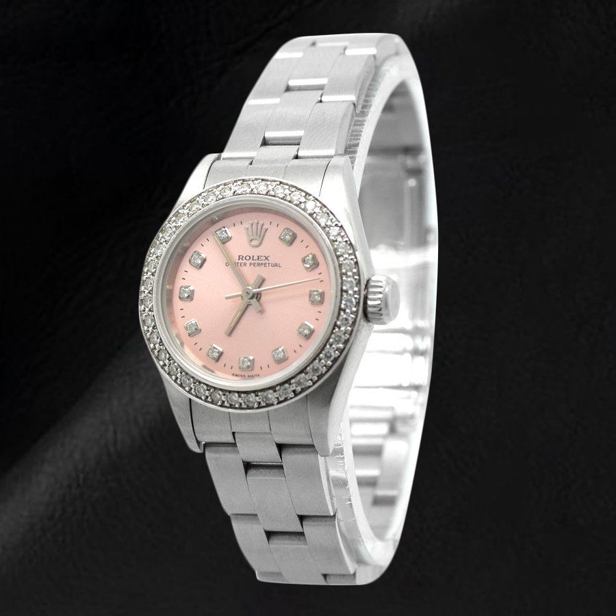 Montre Rolex Oyster Perpetual en acier inoxydable avec cadran diamant rose de 24 mm