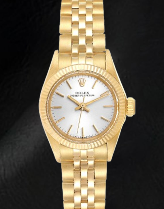 Montre Rolex Oyster Perpetual pour femme avec cadran argenté et or jaune 24 mm