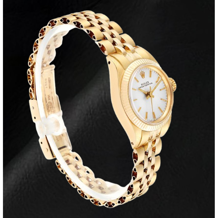 Montre Rolex Oyster Perpetual pour femme avec cadran argenté et or jaune 24 mm