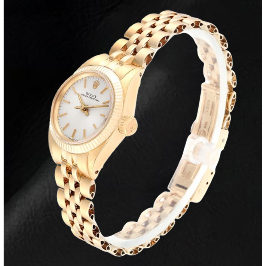 Montre Rolex Oyster Perpetual pour femme avec cadran argenté et or jaune 24 mm