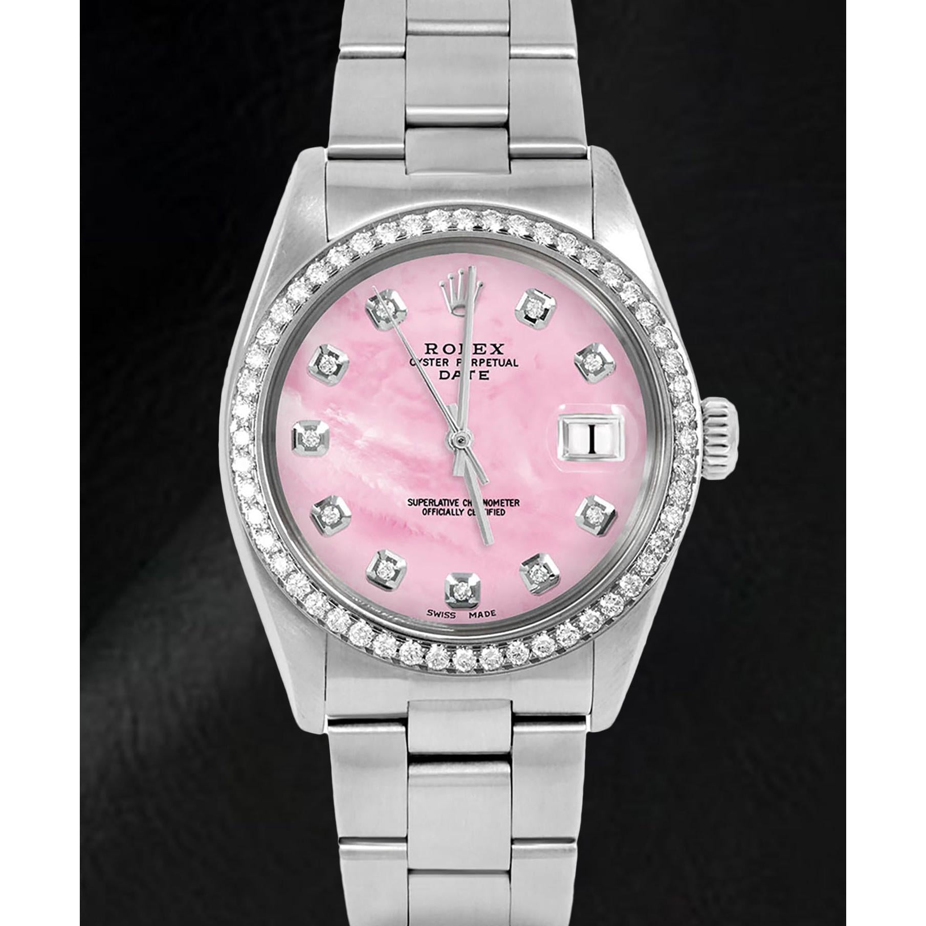 Montre Rolex Oyster en acier inoxydable avec cadran en nacre rose et diamants de 31 mm
