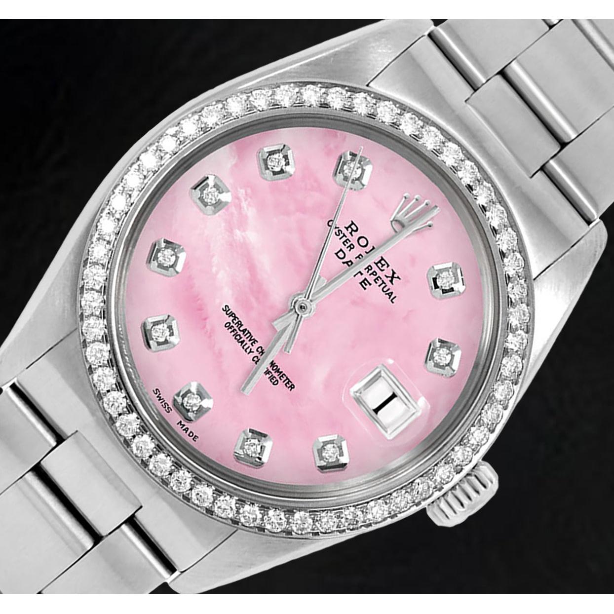 Montre Rolex Oyster en acier inoxydable avec cadran en nacre rose et diamants de 31 mm