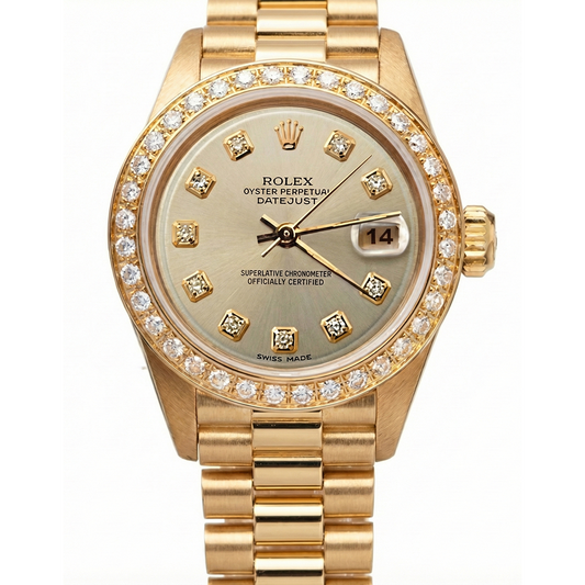 Montre Rolex President en or jaune, cadran champagne serti de diamants et lunette sertie de diamants 