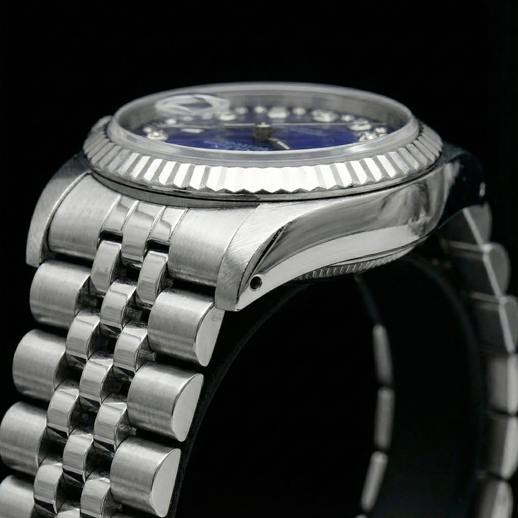 Montre Rolex acier inoxydable Jubilé Datejust à double rangée de diamants bleus