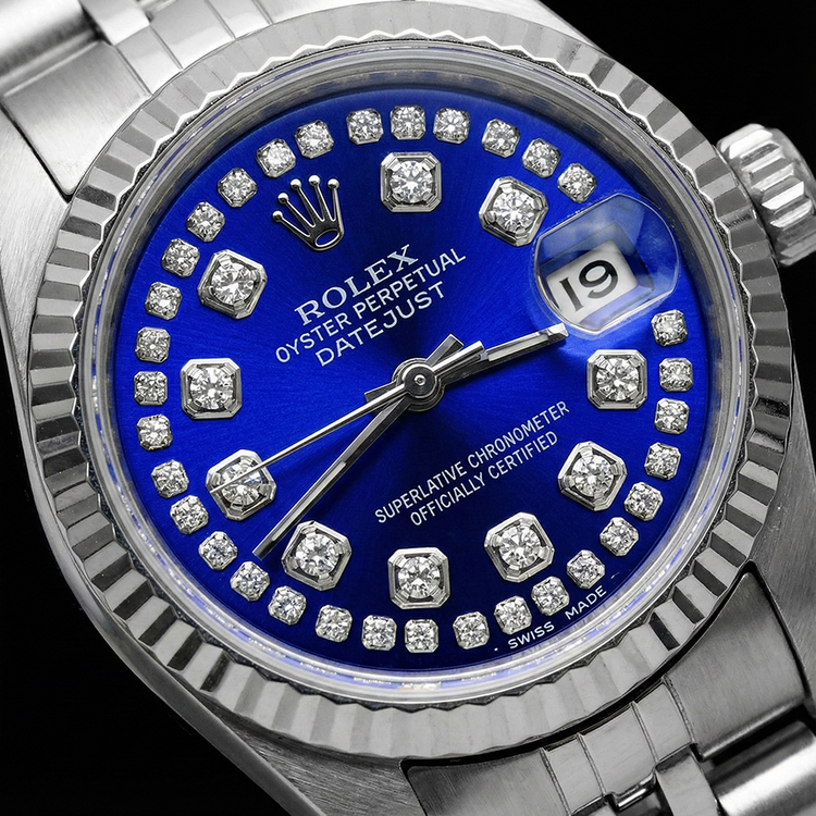 Montre Rolex acier inoxydable Jubilé Datejust à double rangée de diamants bleus