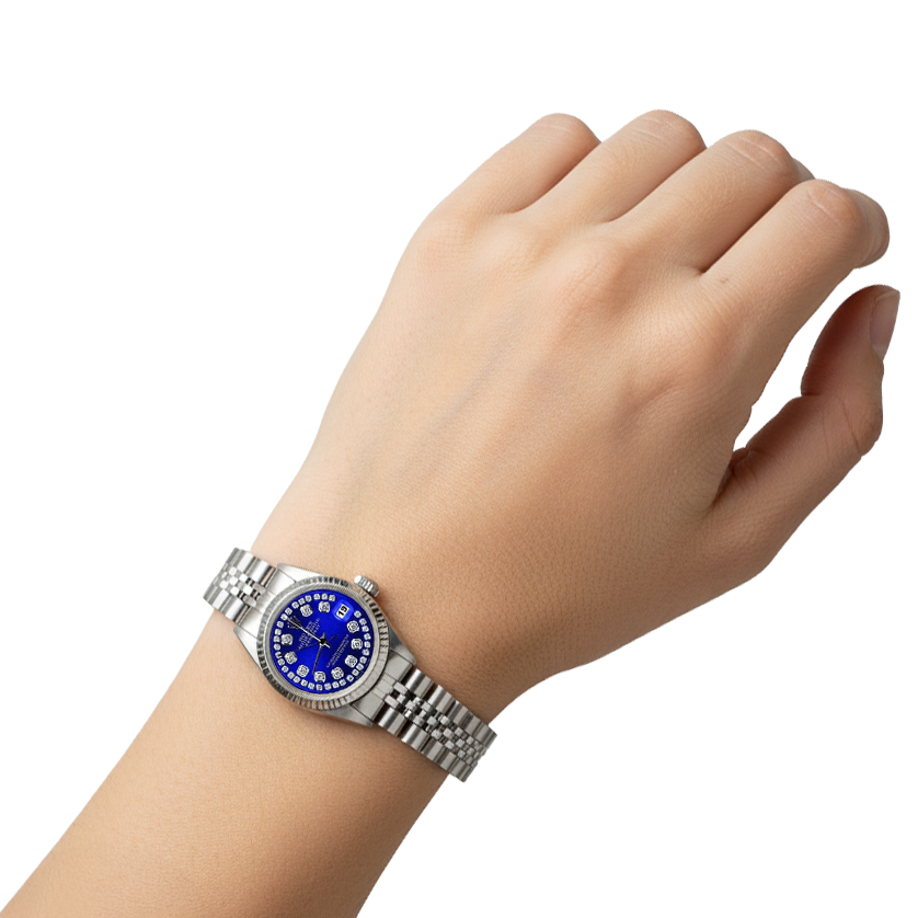 Montre Rolex acier inoxydable Jubilé Datejust à double rangée de diamants bleus P2