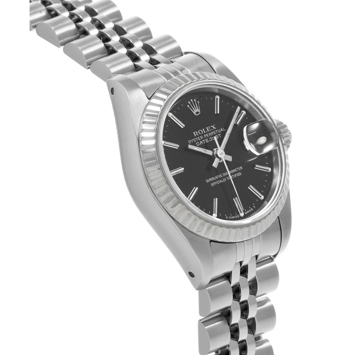 Montre Rolex date acier inoxydable jubilé Bracelet cadran bâton noir lunette cannelée