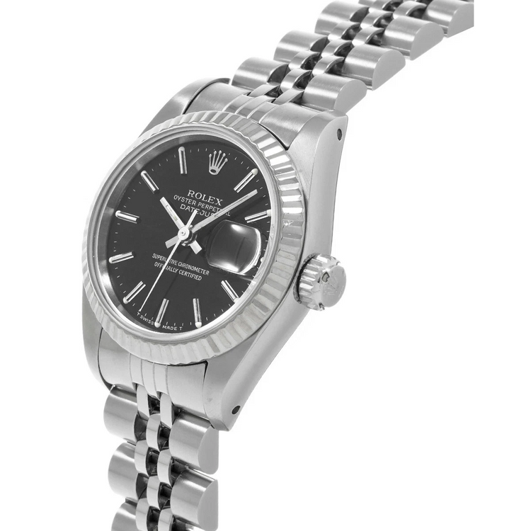 Montre Rolex date acier inoxydable jubilé Bracelet cadran bâton noir lunette cannelée