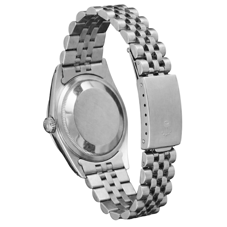 Montre Rolex date acier inoxydable jubilé Bracelet cadran bâton noir lunette cannelée