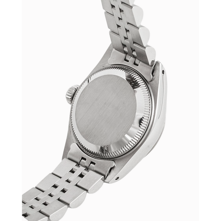 Montre Rolex date acier inoxydable jubilé Bracelet cadran bâton noir lunette cannelée