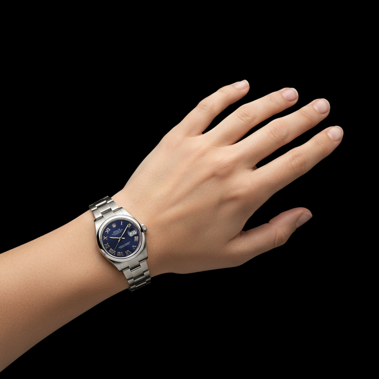 Montre Rolex de taille moyenne 31 mm Datejust Lunette lisse Cadran romain acier inoxydable P5