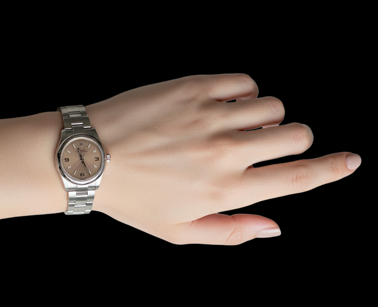 Montre Rolex de taille moyenne 31 mm, lunette lisse, cadran rose acier inoxydable P5