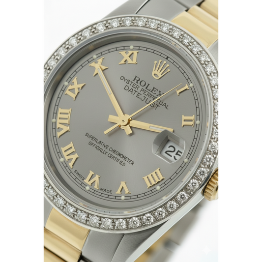 Montre Rolex de taille moyenne avec bracelet huître marron acier inoxydable et cadran romain gris doré