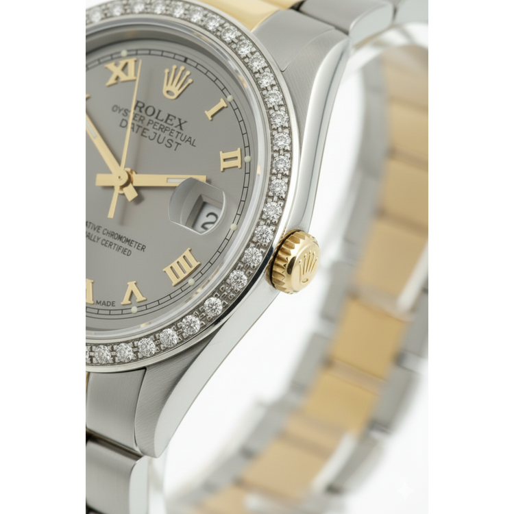 Montre Rolex de taille moyenne avec bracelet huître marron acier inoxydable et cadran romain gris doré