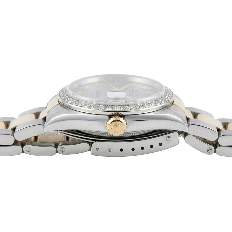 Montre Rolex de taille moyenne avec bracelet huître marron acier inoxydable et cadran romain gris doré