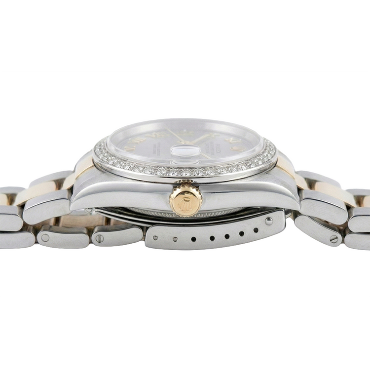 Montre Rolex de taille moyenne avec bracelet huître marron acier inoxydable et cadran romain gris doré