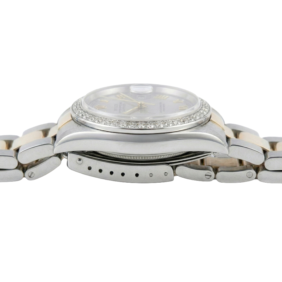 Montre Rolex de taille moyenne avec bracelet huître marron acier inoxydable et cadran romain gris doré