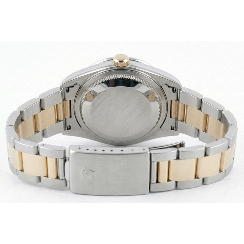 Montre Rolex de taille moyenne avec bracelet huître marron acier inoxydable et cadran romain gris doré