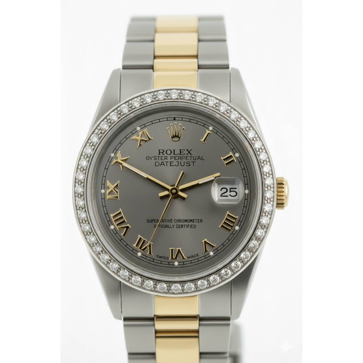 Montre Rolex de taille moyenne avec bracelet huître marron acier inoxydable et cadran romain gris doré