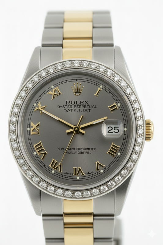 Montre Rolex de taille moyenne avec bracelet huître marron acier inoxydable et cadran romain gris doré