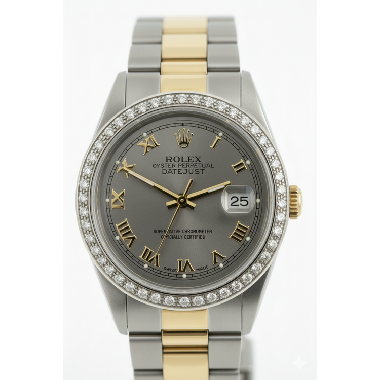 Montre Rolex de taille moyenne avec bracelet huître marron acier inoxydable et cadran romain gris doré