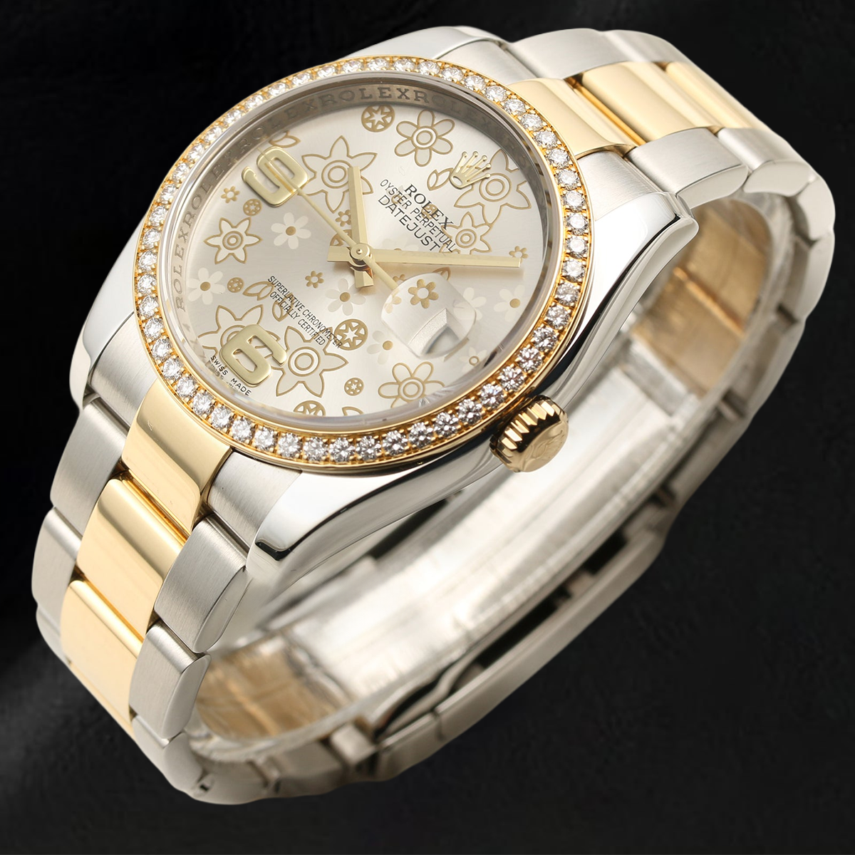 Montre Rolex de taille moyenne avec lunette en diamant pour dames, cadran fleuri avec lunette d'usine