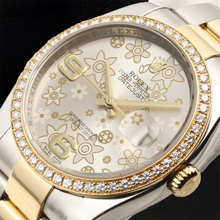 Montre Rolex de taille moyenne avec lunette en diamant pour dames, cadran fleuri avec lunette d'usine
